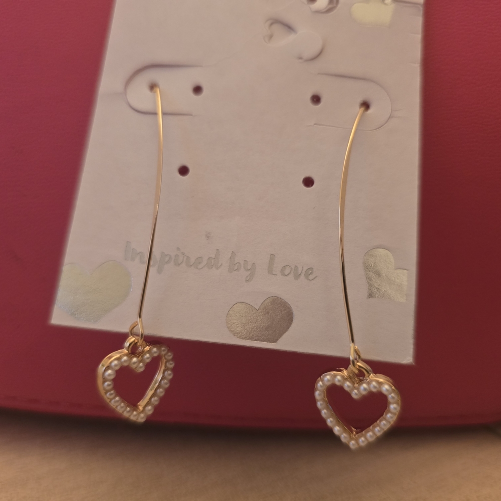 Chic Gold Heart Drop Earrings with Pearl Detail, New with Tags!